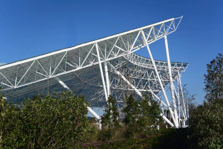 Larger Grid Spaceframe Canopy with Translucent Point supported Glass Shade and Shelter